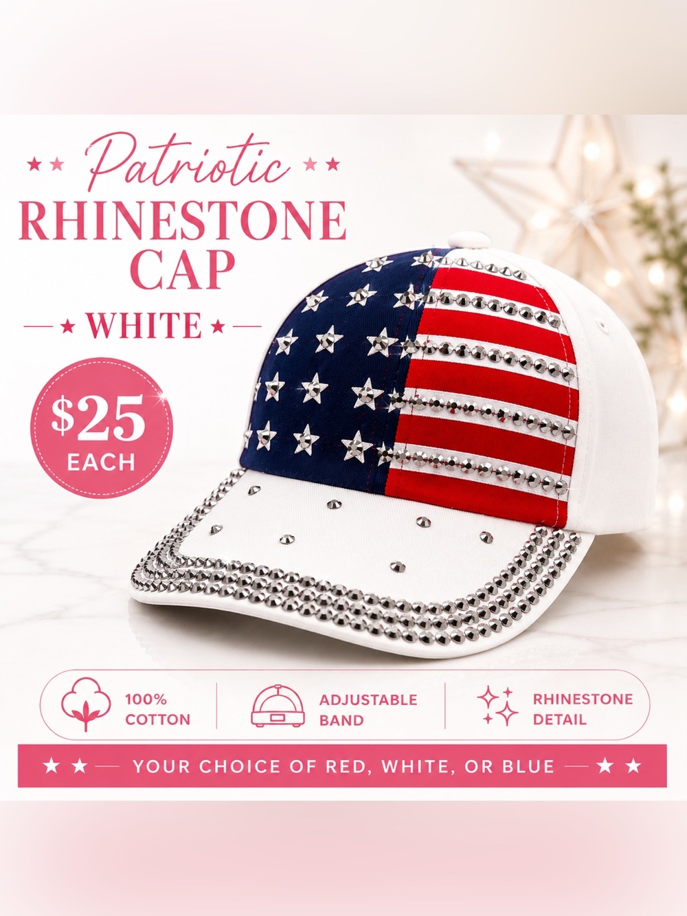 USA Rhinestone Baseball Cap 🇺🇸 Red White Blue Buyer’s Choice - Picture 3 of 4